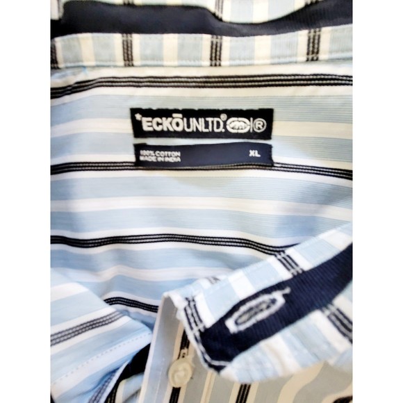 Ecko Unltd Men's Button Up Shirt Blue/White/Brown Striped XL 100% Cotton - Picture 3 of 3